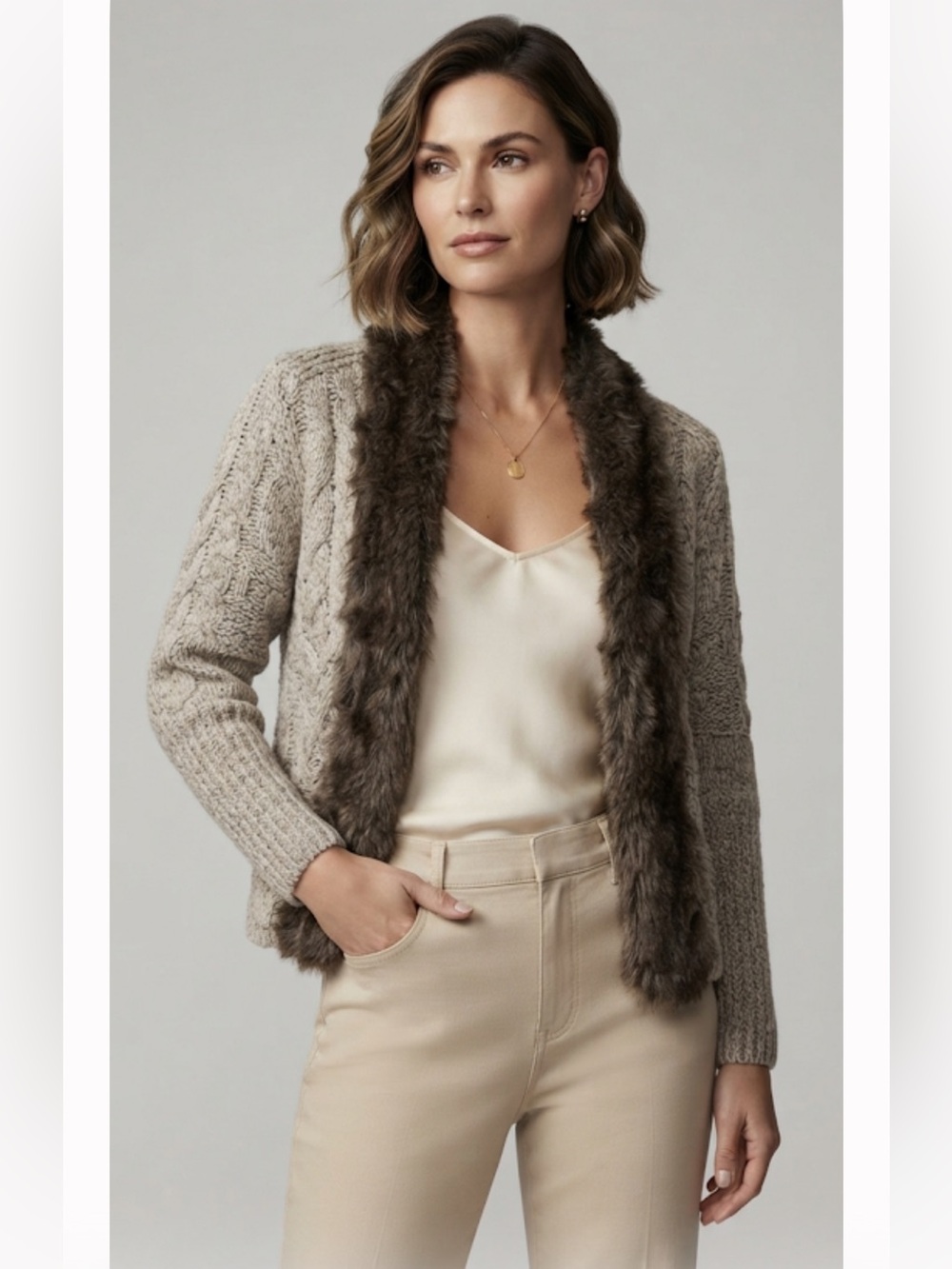 Women's Cable Knit Cardigan Sweater with Faux Fur Trim